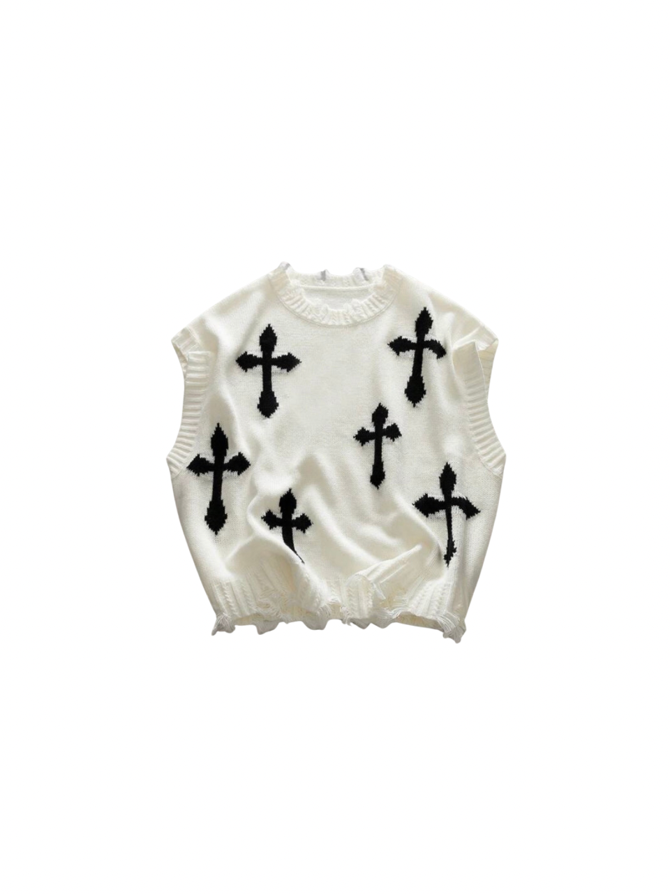 Cross Print Round Neck Frayed Edge Vest