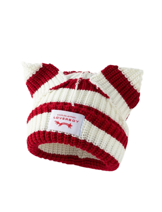 Ear Striped Knitted Hat With Embroidered Letters