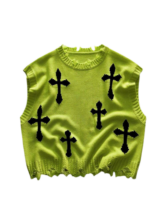 Cross Print Round Neck Frayed Edge Vest