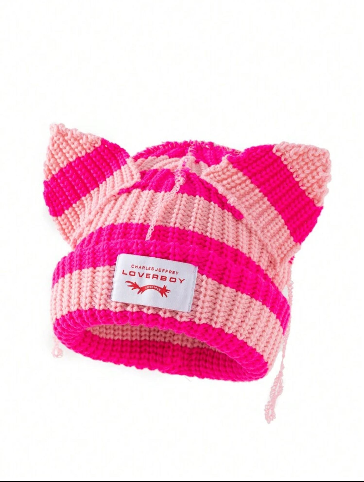 Ear Striped Knitted Hat With Embroidered Letters