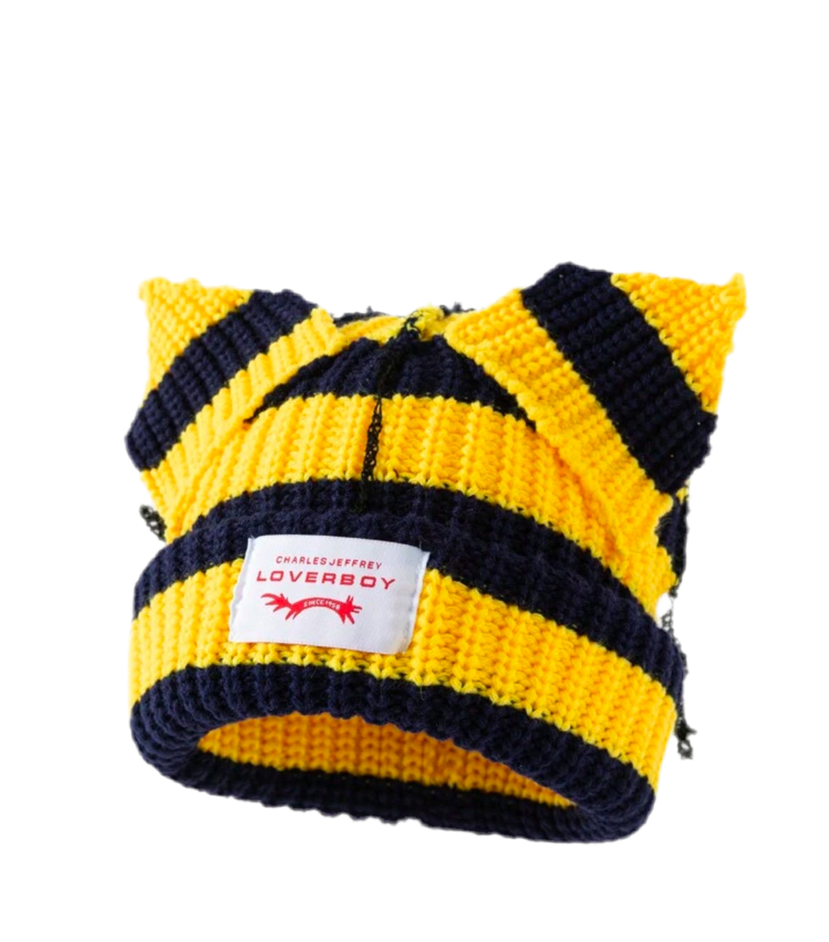 Ear Striped Knitted Hat With Embroidered Letters