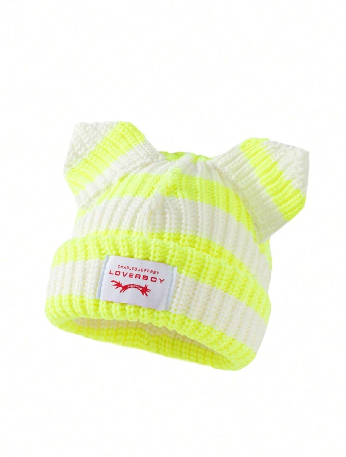 Ear Striped Knitted Hat With Embroidered Letters