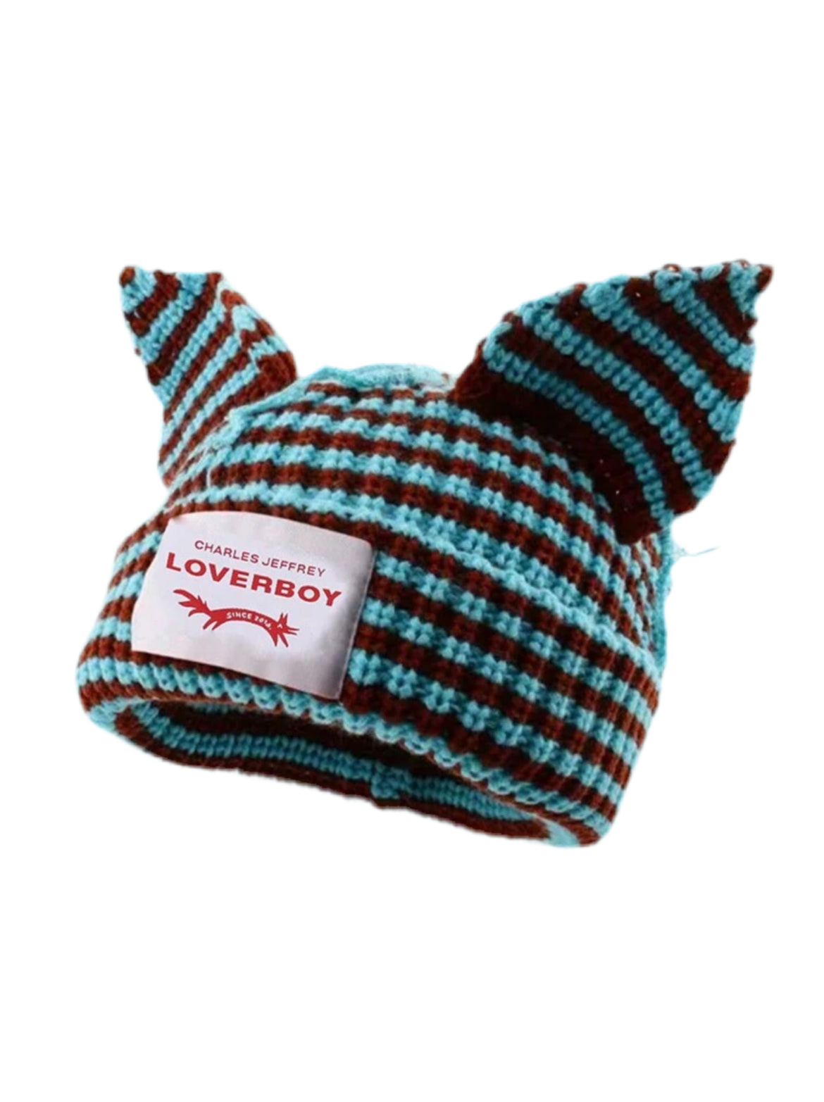 Ear Striped Knitted Hat With Embroidered Letters