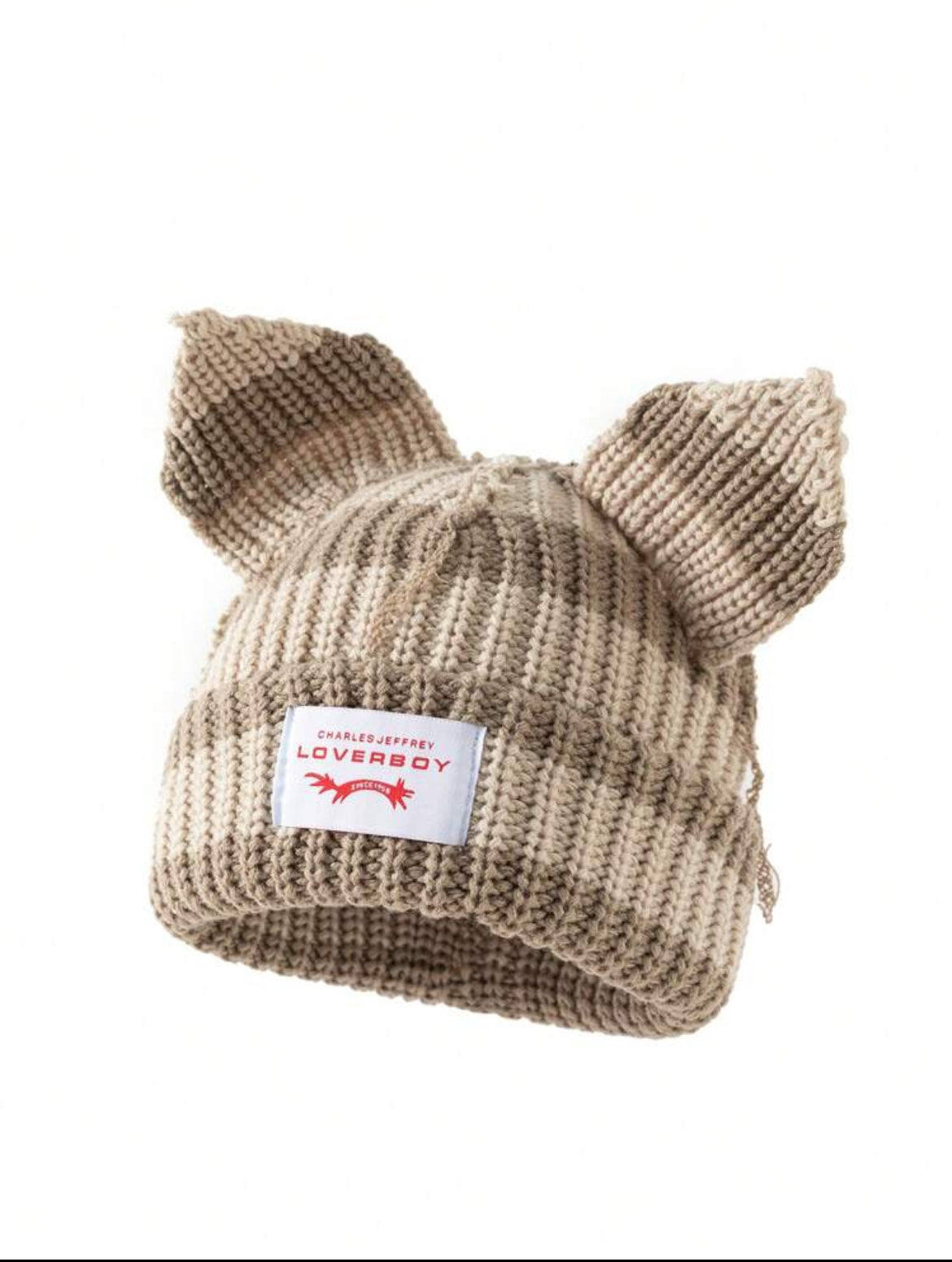 Ear Striped Knitted Hat With Embroidered Letters