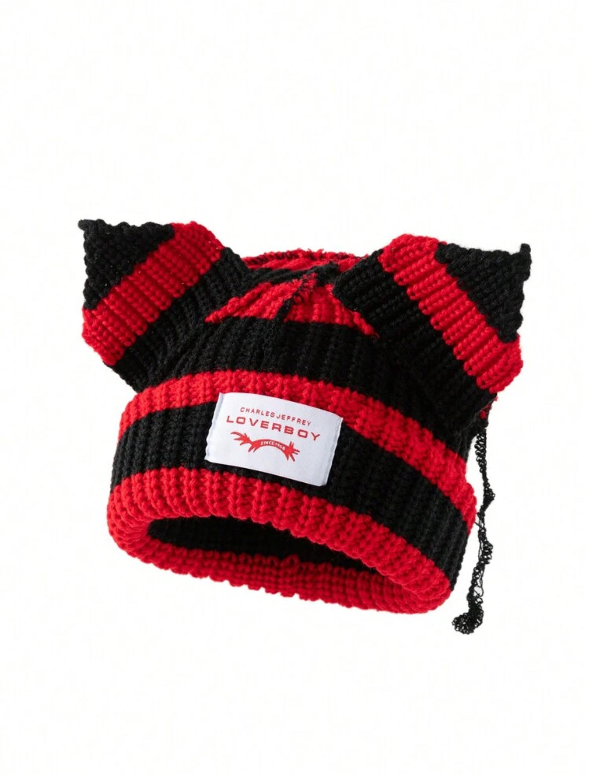 Ear Striped Knitted Hat With Embroidered Letters