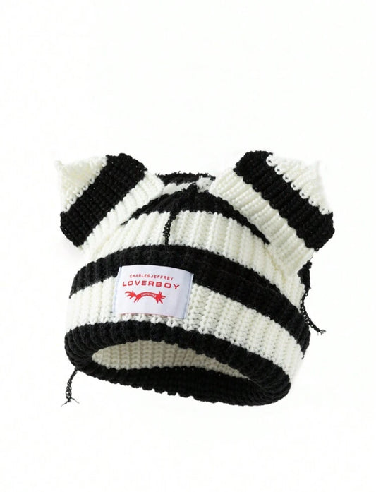 Ear Striped Knitted Hat With Embroidered Letters