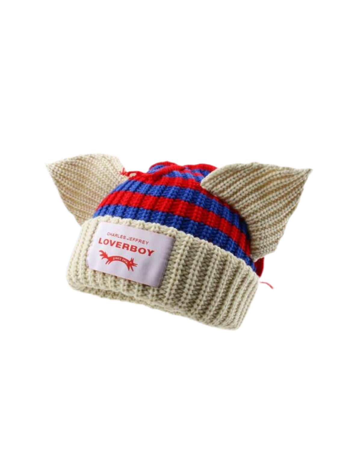 Ear Striped Knitted Hat With Embroidered Letters