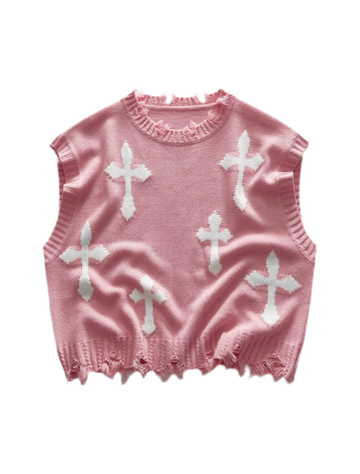 Cross Print Round Neck Frayed Edge Vest