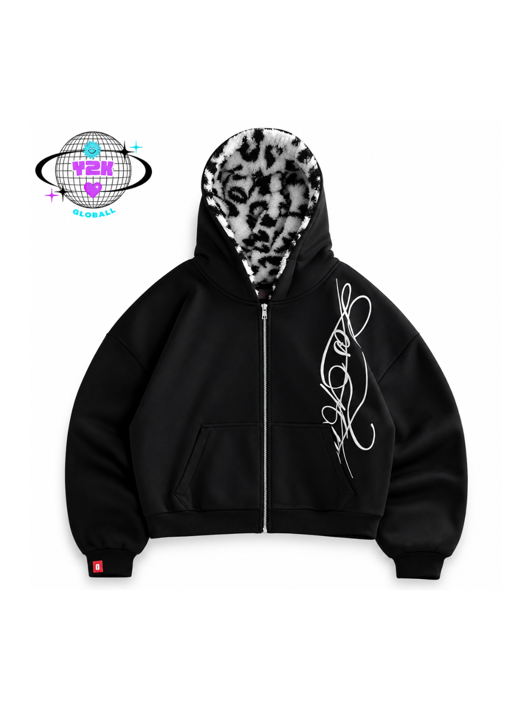 Black zip-up hoodie with black and white leopard-print fleece lining and white script detail