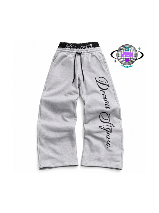 Front view of Dreams Always grey wide-leg sweatpants