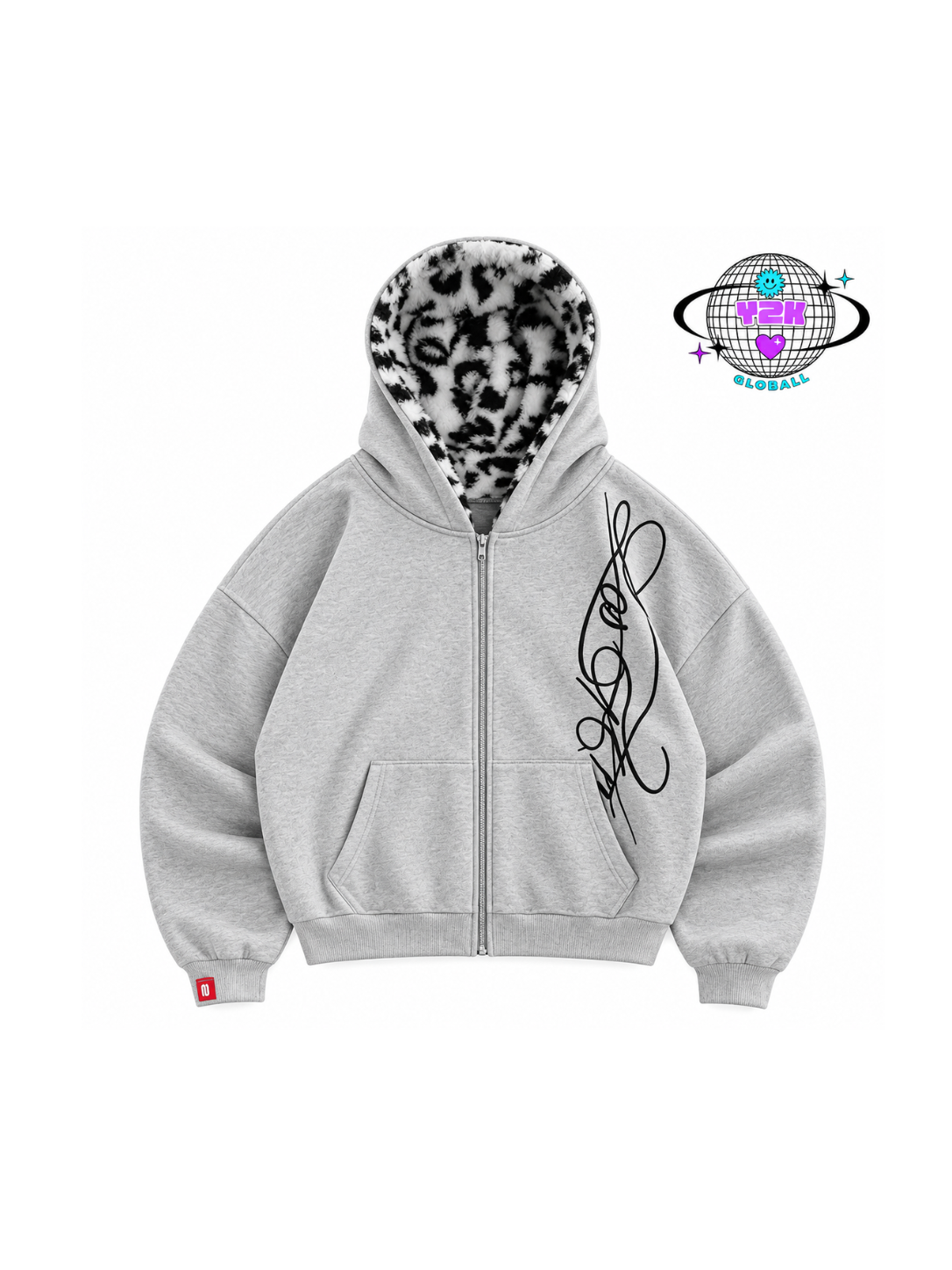 Grey zip-up hoodie with black and white leopard-print fleece lining and black script detail