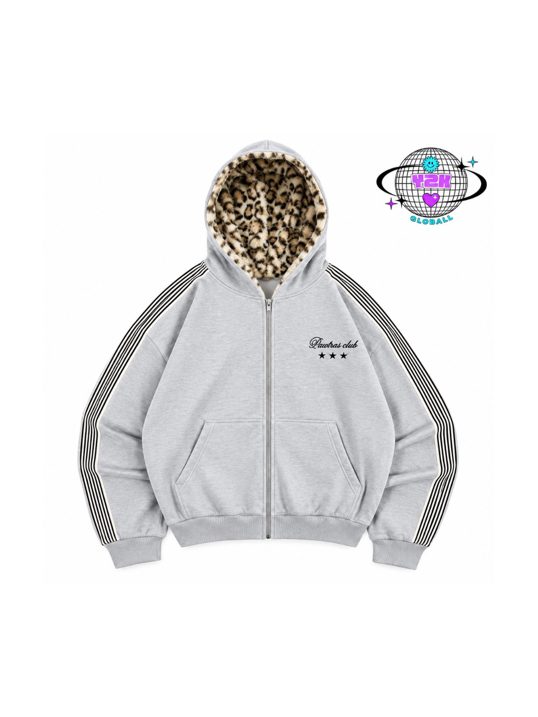 Grey zip-up hoodie with leopard-print fleece lining and striped sleeves