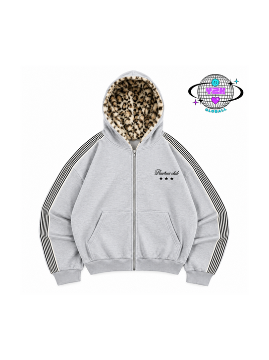 Grey zip-up hoodie with leopard-print fleece lining and striped sleeves