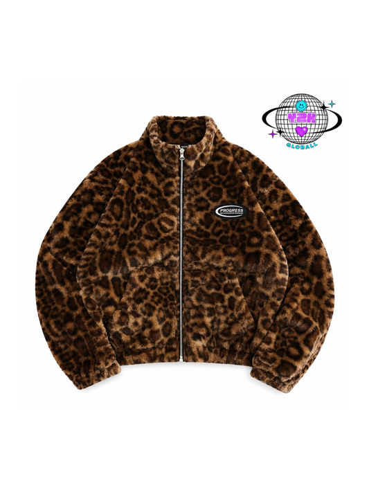 Brown leopard print plush fleece zip jacket
