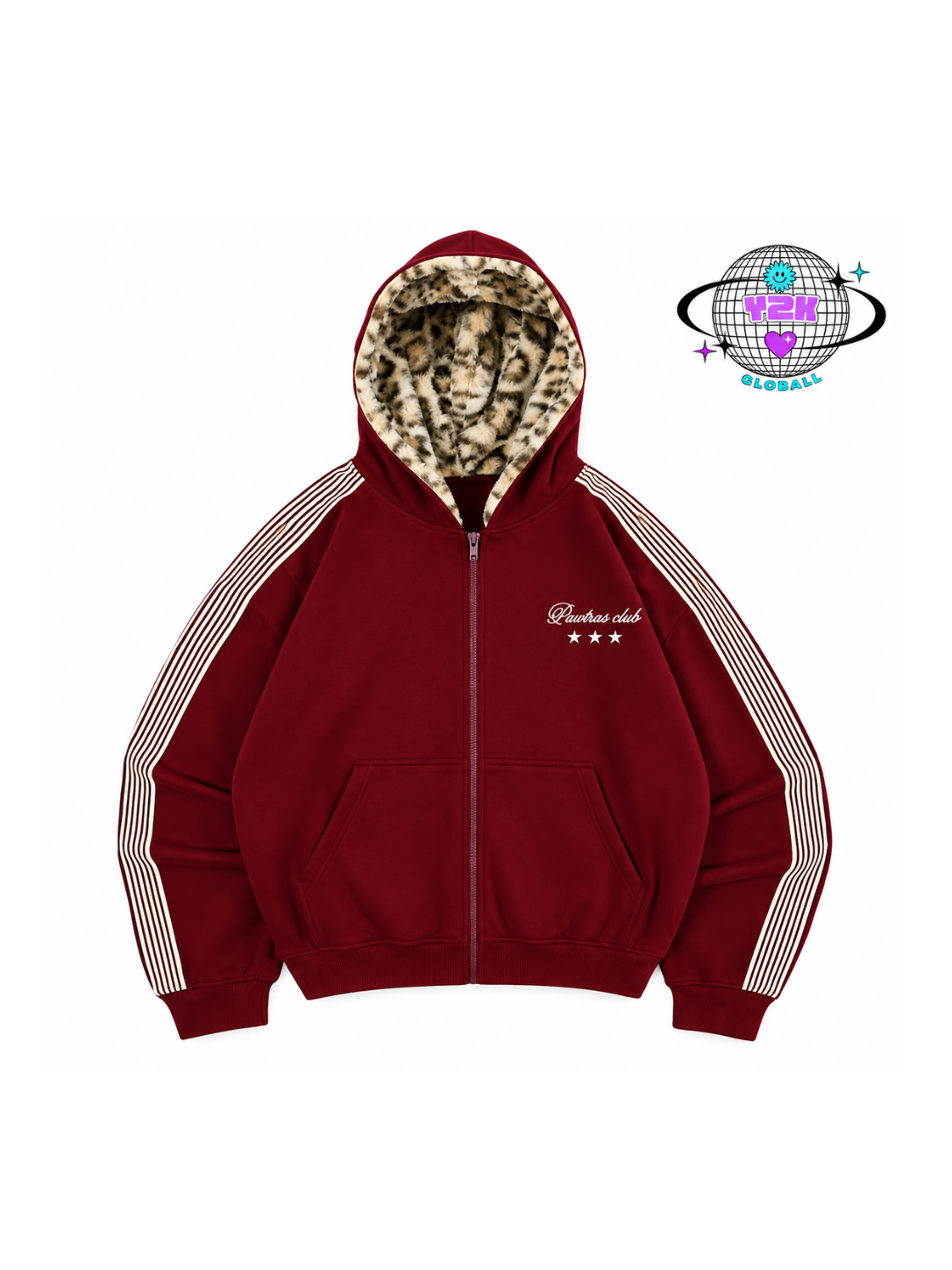 Burgundy red zip-up hoodie with leopard-print fleece lining and white sleeve stripes